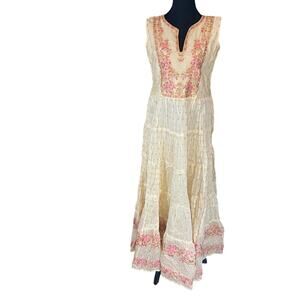 Vintage Indian Embroidered tiered Maxi Dress Cream Gold Pink Boho Festival